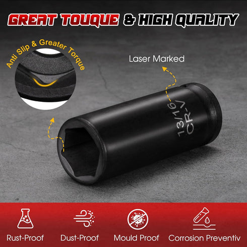 TOHOME 1/2" Set 29-Piece, SAE(3/8" 1") Metric(10-24mm) Drive Impact Socket Cr-V-M Steel Deep Socket - & Sizes