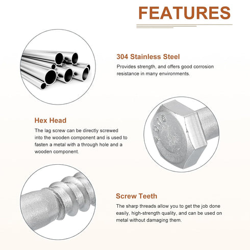 5/16" x 4-1/2" Hex Lag Bolts - 5 Pack for Woodworking and Furniture - 304 Stainless Steel Hexagon Head Screws