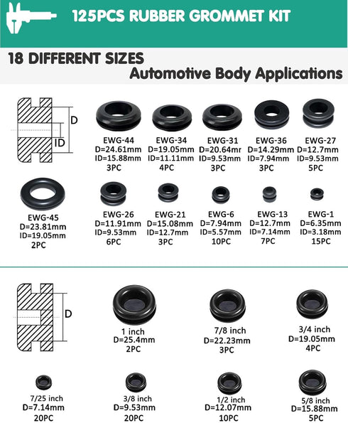 Rubber Grommet 125 PC - 18 Sizes, Firewall Rubber Hole Plugs for Wiring, Automotive Grommet, Home Improvement