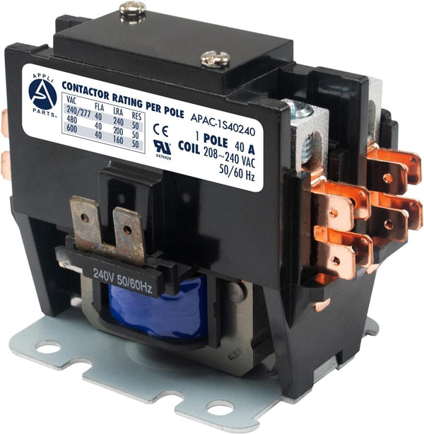 Appli Parts APAC-1S40240 Heavy Duty 1 Pole Shunt Contactor 40 Amp 240 Volt Coil for AC Compressor