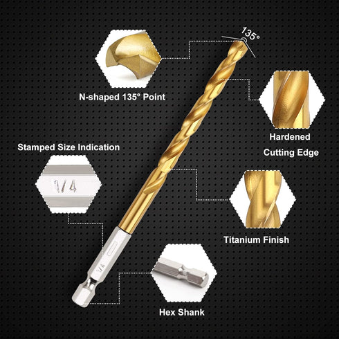 Set 10 1/4" COMOWARE Titanium Twist Drill Bit - Pcs Hex Shank High Speed Steel for Wood Plastic Aluminum Alloy, Quick