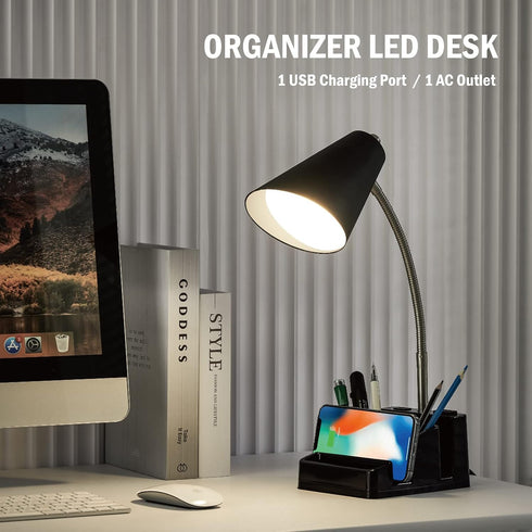 LED Desk Lamp with 1 USB Charging Port and 1 AC Outlet, Organizer Base, Adjustable Neck, On/Off Switch, Modern Table Lamp for Reading, Working, Studying, Gentle Warm White Light, Eye Protect by HonoDing