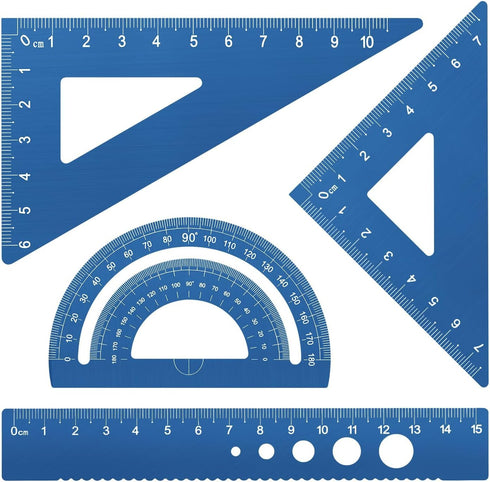 Metal Drafting Ruler Set, 4 Pieces Aluminum Alloy Triangular Ruler, Geometric Protractor for School Supplies