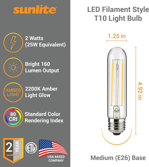 Sunlite LED Vintage T10 2W Light Bulb Medium (E26) Base, Warm White by Sunlite
