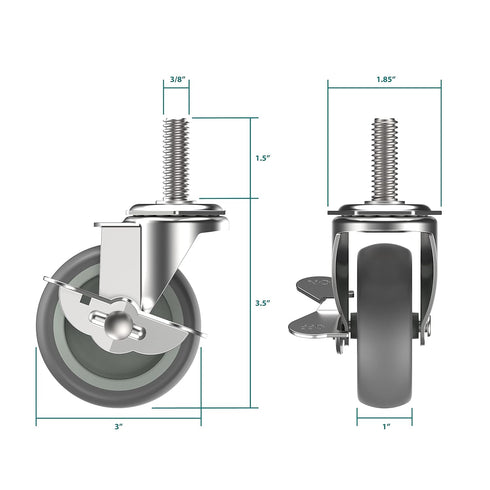 Caster Wheels 3 inch Locking Stem Casters, 3/8" -16 x 1-1/2" (Stem Diameter 3/8", Stem Length 1-1/2") Threaded Stem Casters Swivel Casters Set of 4 Heavy Duty Castors Gray