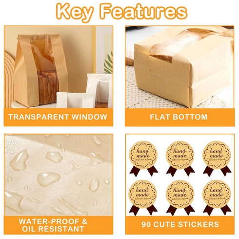 90 Pack 13.7 8.2 3.5 Inch Bakery Bags with Window, Kraft Paper Sourdough Bread Bags with Stickers Treat Bags x x Cookie