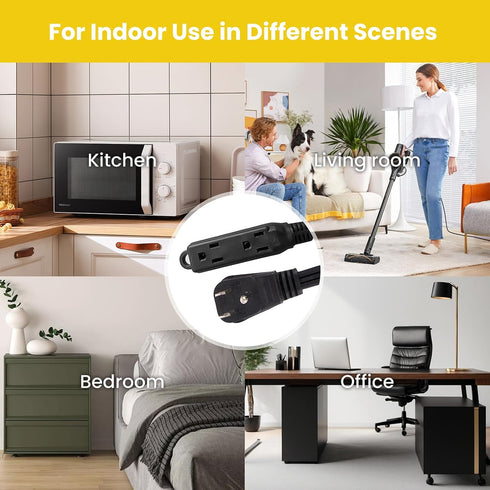 8 ft Black Extension Cord with 3 Outlets, 16AWG Flat Plug, 3 Prong Grounded Power Cable for Home, Office