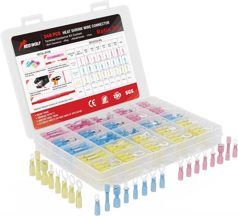 RED WOLF 240PC Heat Shrink Wire Connector Butt Kit, Insulated Crimp Connectors for Automotive Industrial Waterproof Use