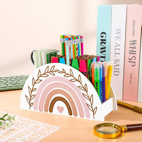 Back to School Rainbow Pencil Pen Holder, Boho White Pink Wooden Organizer for Makeup Brushes, Crayon, Office Supplies