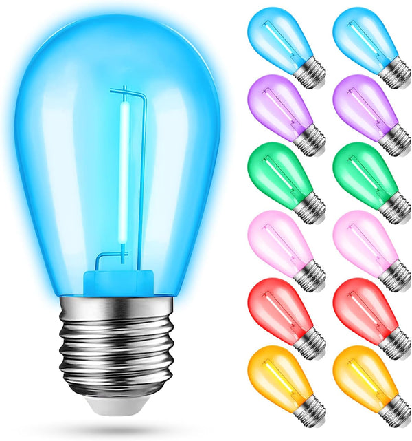 12-Pack Colored String Light Bulbs, Patio Replacement for Outdoor Indoor, 1W E26 Base S14 LED Color Light Bulbs for