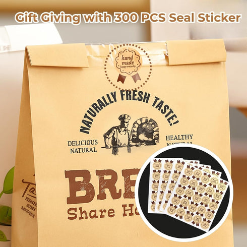 300 Pack 11.8x4.7x3.5in Packaging, Kraft Paper Bread Bags for Homemade Bread w/Clear Window & Seal Stickers | Medium