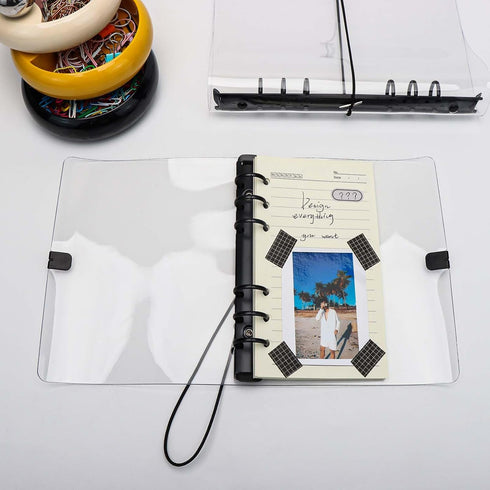Clear A6 Binder with Elastic Band, 6 Black Rings Journal Planner, Thick PVC Notebook Cover for A6 Grid Paper Refills