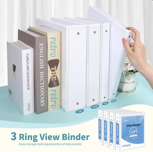 SUNEE 3 Ring Binder 1.5 Inch 4 Pack, Clear View Binder Three Ring PVC-Free for School or Office Supplies, White