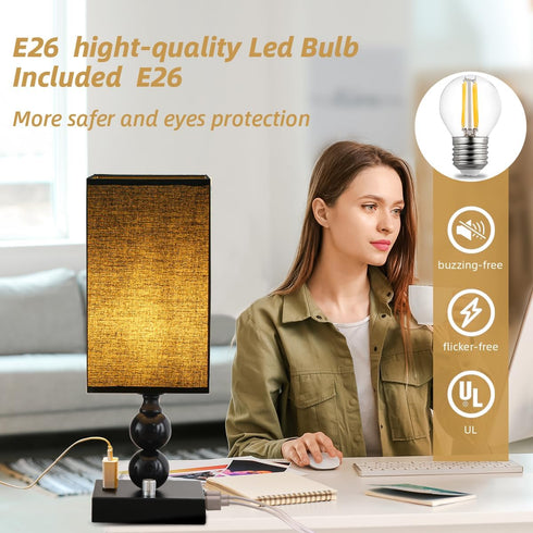 Dimmable Bulb Bedside Table lamp with Charging Station, Small end Desk Nightstand Lamps with USB Ports and outlets
