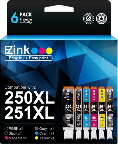 E-Z Ink Compatible Ink Cartridge Replacement for Canon PGI-250XL, CLI-251XL, 6 Pack (1 Large Black, 1 Cyan, etc.)