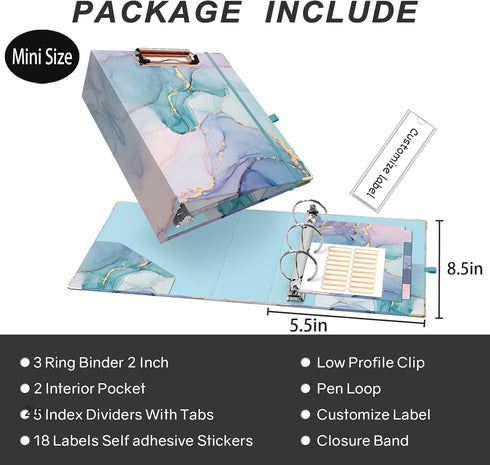 Mini Binder with Clipboard, 3 Ring 2 Inch for 5.5" x 8.5" Paper, A5 Binders with 5-Tab Dividers, Green Marble