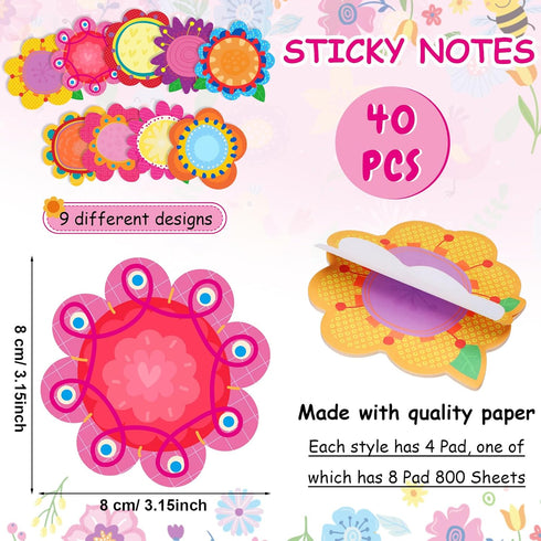 Geyee Flower Theme Sticky Notes and Pens Set, Floral Memo Pads with Colorful Flower Ballpoint Pens for School Gifts