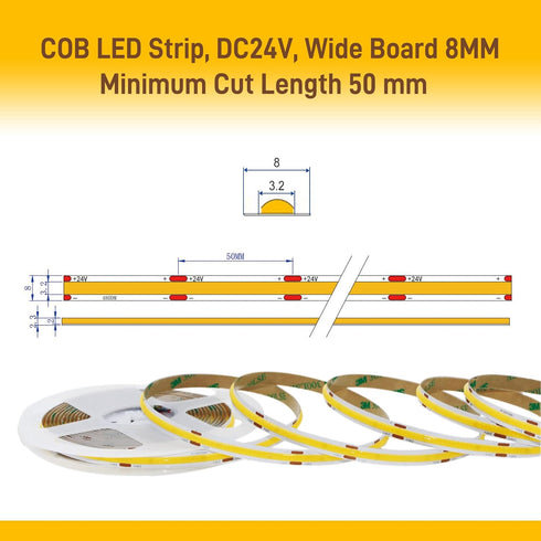 White,24V Dimmable Control,6000K 9.84FT/3m 8mmwide Ra>90 Pandery COB LED Strip Lights Cool led Light Strip KIT
