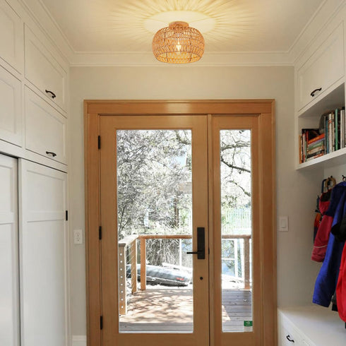 Boho Ceiling Light Fixtures Rattan Chandelier Bedroom Light Small Rattan Flush Mount Ceiling Light Hand-Woven