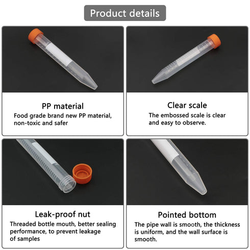 JIUWU 15mL Conical Centrifuge Tubes, 10Pcs Sterile Plastic Test Tubes with Screw Caps, Random Color