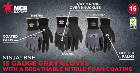 MCR Safety N96790XL Ninja BNF Work Gloves - 15 Gauge Nylon/Spandex Shell, NFT Coated Palm & Fingertips, Black/Grey, XL
