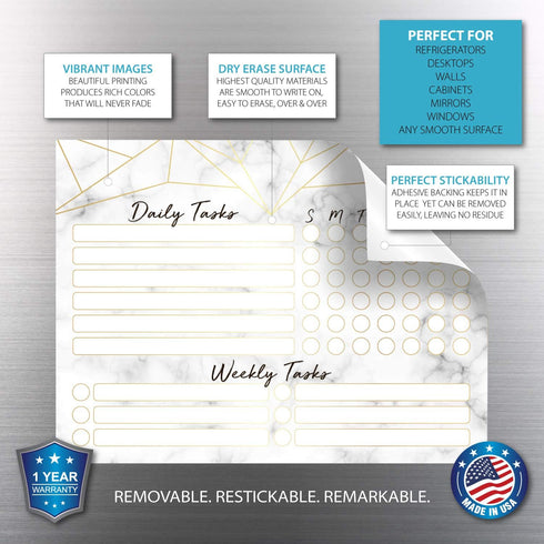 Dry Erase Whiteboard Task Planner, Removable Adhesive Decal, Fine-Tip Magnetic Marker Included (9 x 12 in, Marble)