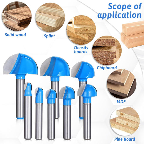 Lyksgir 8 Set 1/4 Inch Set- 1/4" 5/16" 3/8" 1/2" 5/8" 3/4" 7/8" 1" Pcs Cove Box Router Bit Shank, Solid Carbide Double