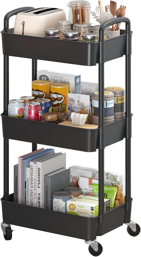 Sywhitta 3-Tier Black Plastic Rolling Utility Cart with Handle, Movable Storage Trolley for Office, Kitchen, Living Room