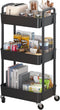 Sywhitta 3-Tier Black Plastic Rolling Utility Cart with Handle, Movable Storage Trolley for Office, Kitchen, Living Room