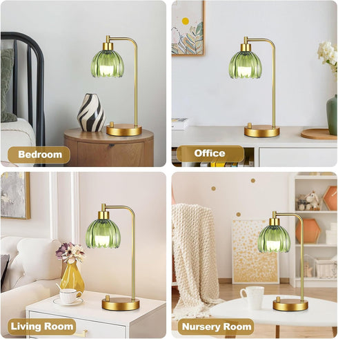 Set 2,Small Dimmable ILLMTW Green Table Lamp of Glass Bedside Lamps Boho Bedroom Lamp with Tulip Flower Lamp Shade,Gold