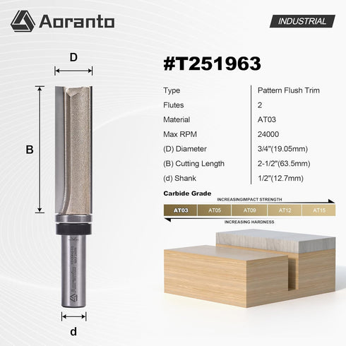 1/2" 3/4" 2-1/2" Top Bearing Flush Trim Router Bits Shank, Cut Diameter, Cut Length, Useful for Template/Pattern
