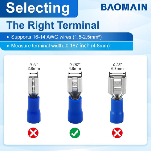 Baomain 100-Pack 0.187" Female Quick Disconnect Spade Terminals - 16-14 AWG 4.8mm Insulated Crimp Connectors Blue