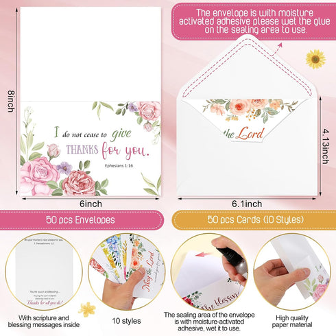 Affrolling 50 Pack 4x6 Inch, Spring Religious Christian Thank You Cards Bulk with Scripture Envelopes Stickers Bible