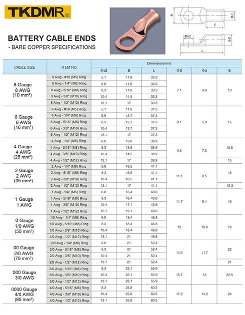 TKDMR 20pcs 1/0 AWG-3/8" Battery Lugs, Heavy Duty Copper Wire Lugs, Tubular Ring Terminals with 3:1 Heat Shrink Tubing