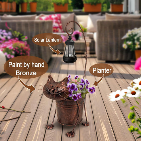 Solar Lights Outdoor with Planter Pot,Metal Cat Solar Lamp Post with Planter Base Outdoor Decorative