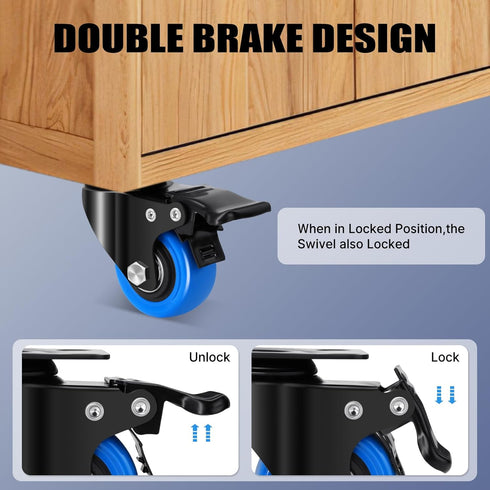 2 Inch Caster Wheel Set of 4, 600 Lbs Heavy Duty Swivel Casters with Brake, No Noise Top Plate Wheels for Furniture,