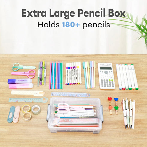 6 Pack) Extra Large Pencil Box, Plastic Hard Pencil Pen Case, Clear Crayon Box Bulk Marker Organizer, Plastic Storage