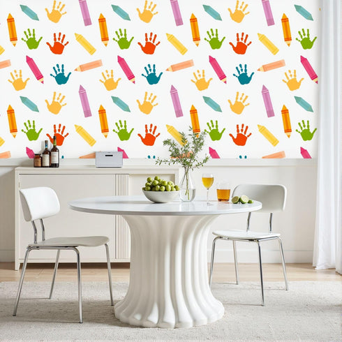 Kanworse 17.7in 32.8ft Peel and Stick Wallpaper Back to School Colorful Crayons Handprint for Kids Self-Adhesive Wall