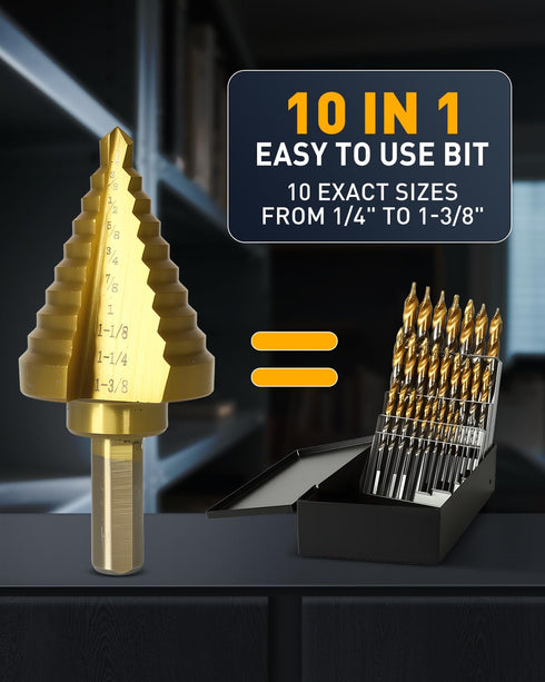 COMOWARE Step Drill Bit for Metal, Titanium Coated, Double Cutting Blades, 10 Sizes from 1/4” to 1-3/8"