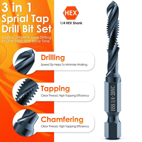 THINKWORK Combination Drill Tap & Tap Bit Set, 6 Pack 3-in-1 Anti-Rust Black Titanium Coated Screw Tapping Bit Tool in SAE Size 6-32NC 8-32NC 10-24NC 10-32NC 12-24NC 1/4-20NC