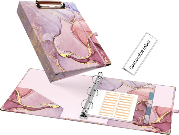 Ospelelf Mini 3 Ring Binder 1 Inch, Cute Pink Marble Binder for 5.5" x 8.5" with 5 Tab Dividers, File Labels