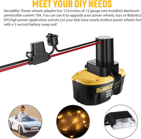 Power Wheel Adapter with Fuse & Switch, Secure Battery Adapter for Dewalt 18V XRP Lithium Battery, with 12 Gauge Wire, Good Power Convertor for DIY Ride On Truck, Robotics, RC Toys and Work Lights