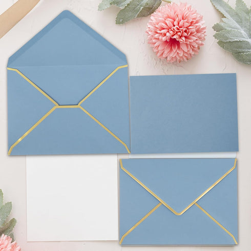 Whaline 50Pcs A7 Invitation Envelopes with Gold Border Dusty Blue Greeting Card Envelopes for Mailing (7.3x5.3 Inch)