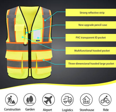 7 AYKRM Security Vest for Men Women Pockets High Visibility Reflective Safety Vest Front Zipper Meets ANSI/ISEA