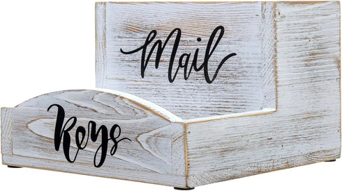 MyGift Shabby Whitewashed Solid Wood Mail Holder and Key Organizer, Entryway Storage Tray for Office