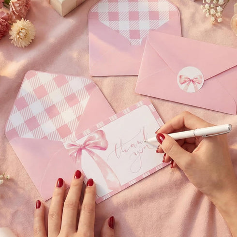 xieketn 36 Pcs Pink Thank You Cards with Envelopes Stickers, Coquette Bow Baby Shower Thank You Cards, Watercolor Cards