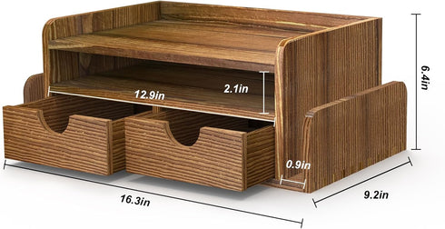 HZE Wooden Desk Organizer with Drawers, Rustic 3-Tier Desktop Organizer, Desktop Drawers with 2 Side Mail Sorting Slots