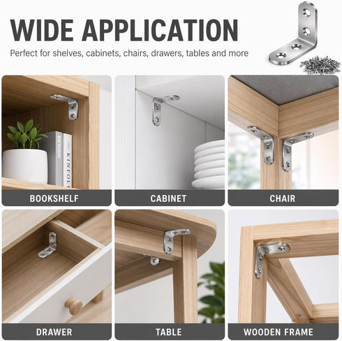 FZSFVAQ 16PCS 64 90 Set, Stainless Steel L Brackets with Screws, Degree Right Angle Corner Brace Metal Corner Brackets