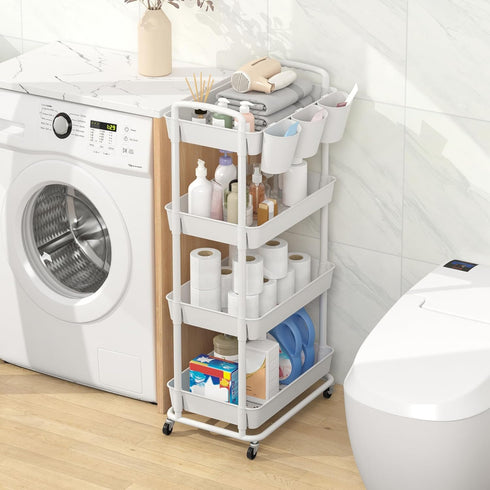 4-Tier JIUYOTREE Plastic Rolling Storage Cart Utility Cart with Extra Hanging Cups Handles Lockable Wheels for Living