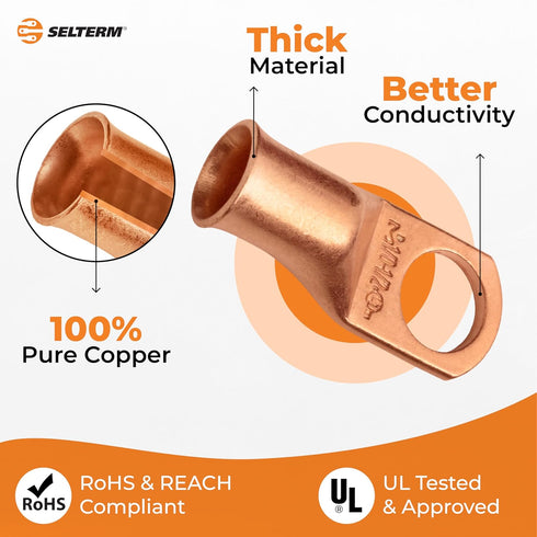 SELTERM 25pcs 1/0 AWG 1/2" Stud Battery Lugs, Heavy Duty Copper Wire Ring Terminals, UL Bare Copper Connectors